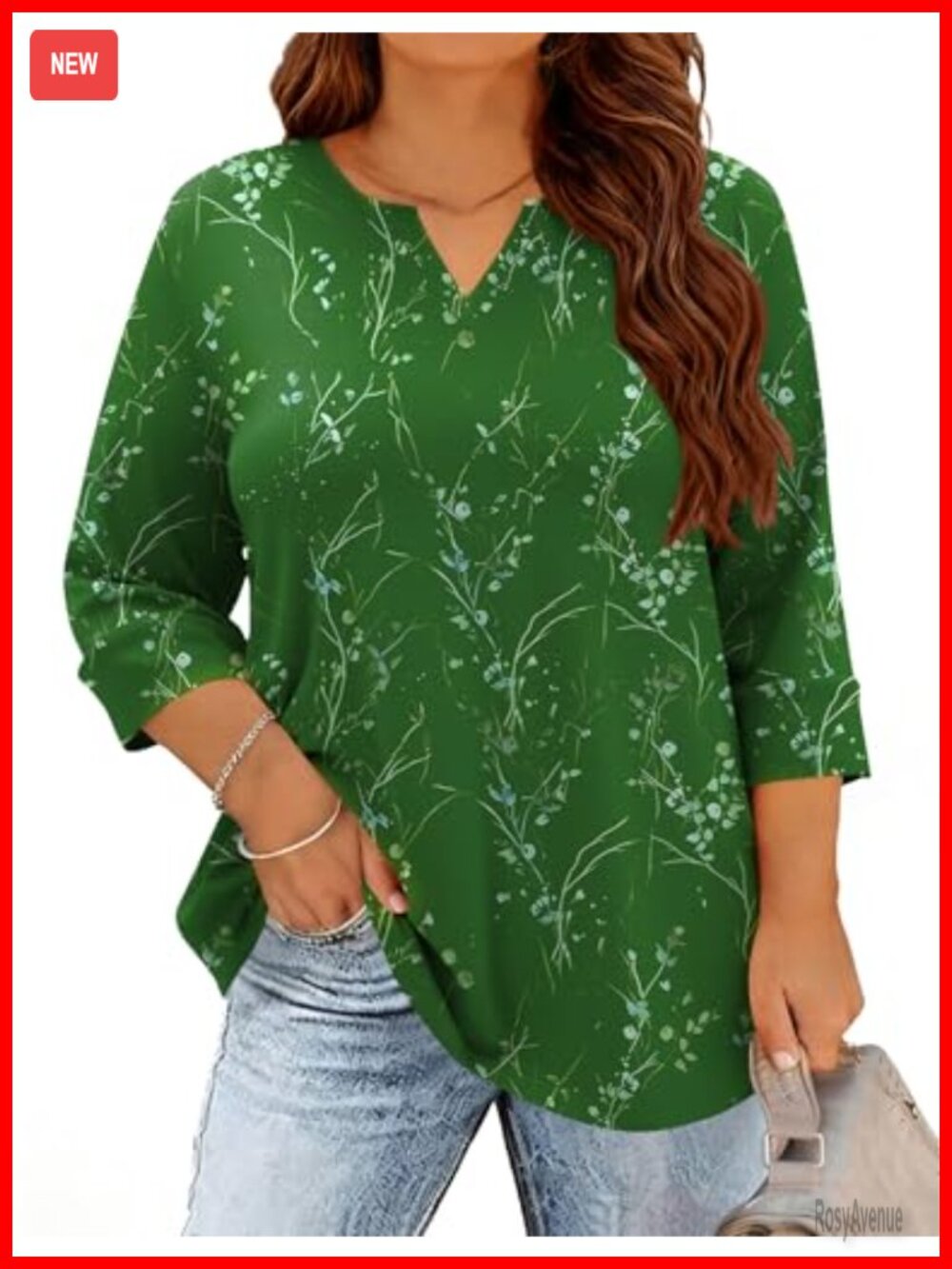 Plus Size V Neck Tunic Top 3/4 Sleeve Blouse Loose Fit Casual Tee